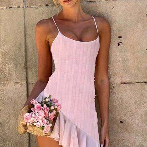 Pink Casual Women's Ruffle Trim Chiffon Party Wedding Beach Vacation Dress